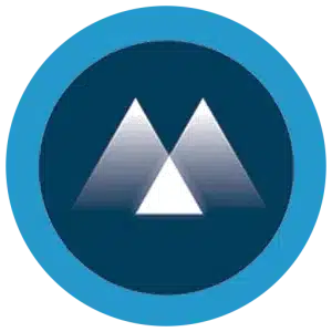 Blue circle logo with stylized white and gray mountains inside.
